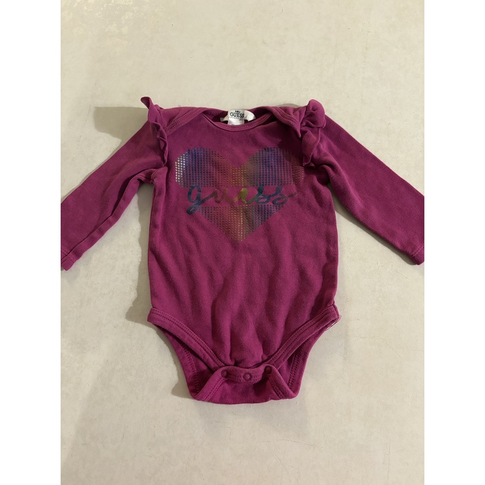 Baby Guess Girls Purple Long Sleeve Heart Graphic Ruffle Bodysuit 6-9M 90s y2k
